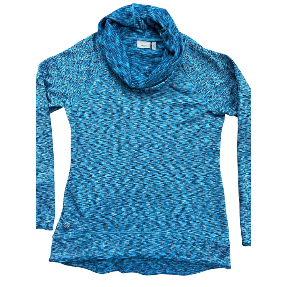 Athleta Cowl Neck Pullover Women Size M Blue Space Dye Thumbhole Long Sleeve Top